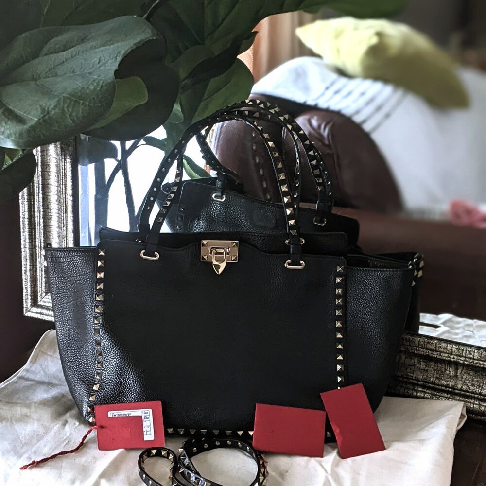 Valentino Garavani - Black Rockstud Grained Tote Bag Large